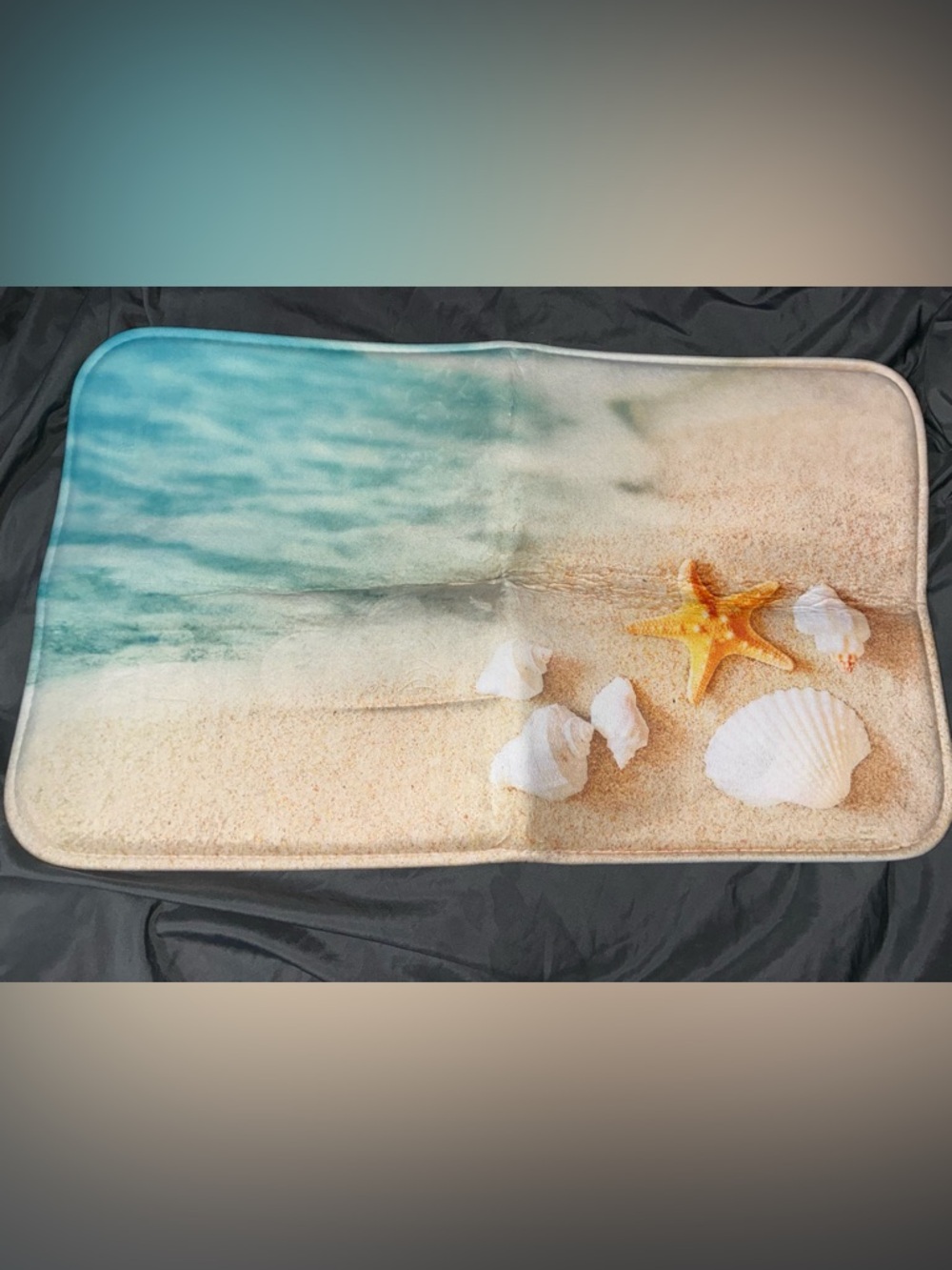 Beach Scene Bath Mat with Sea Shells and Starfish - Blue & Sand
